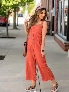 Tea n Rose Burnt Orange Utility/Boho/Minimalist Jumpsuit XL 100% Cotton NWOT